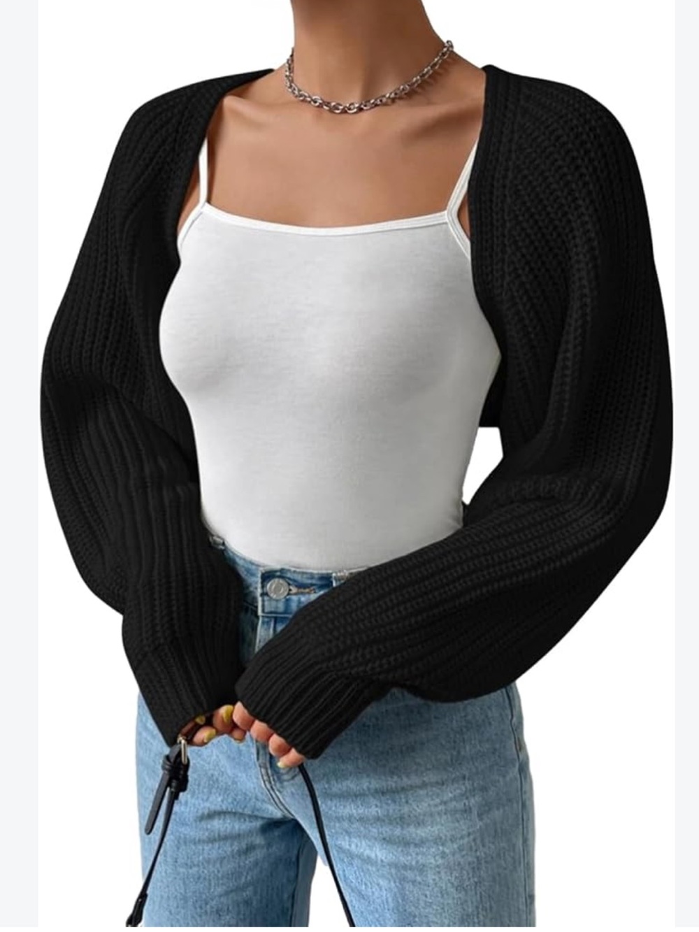 Cropped Ribbed Sweater Knit Bolero Shrug in Black